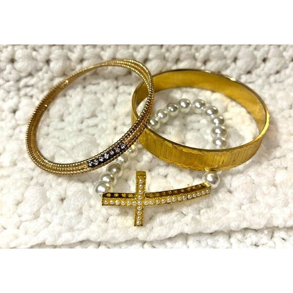 Set of 3 Golden Rhinestone Faux Pearl Cross Stackable Layered Bangle Bracelets - Picture 4 of 4